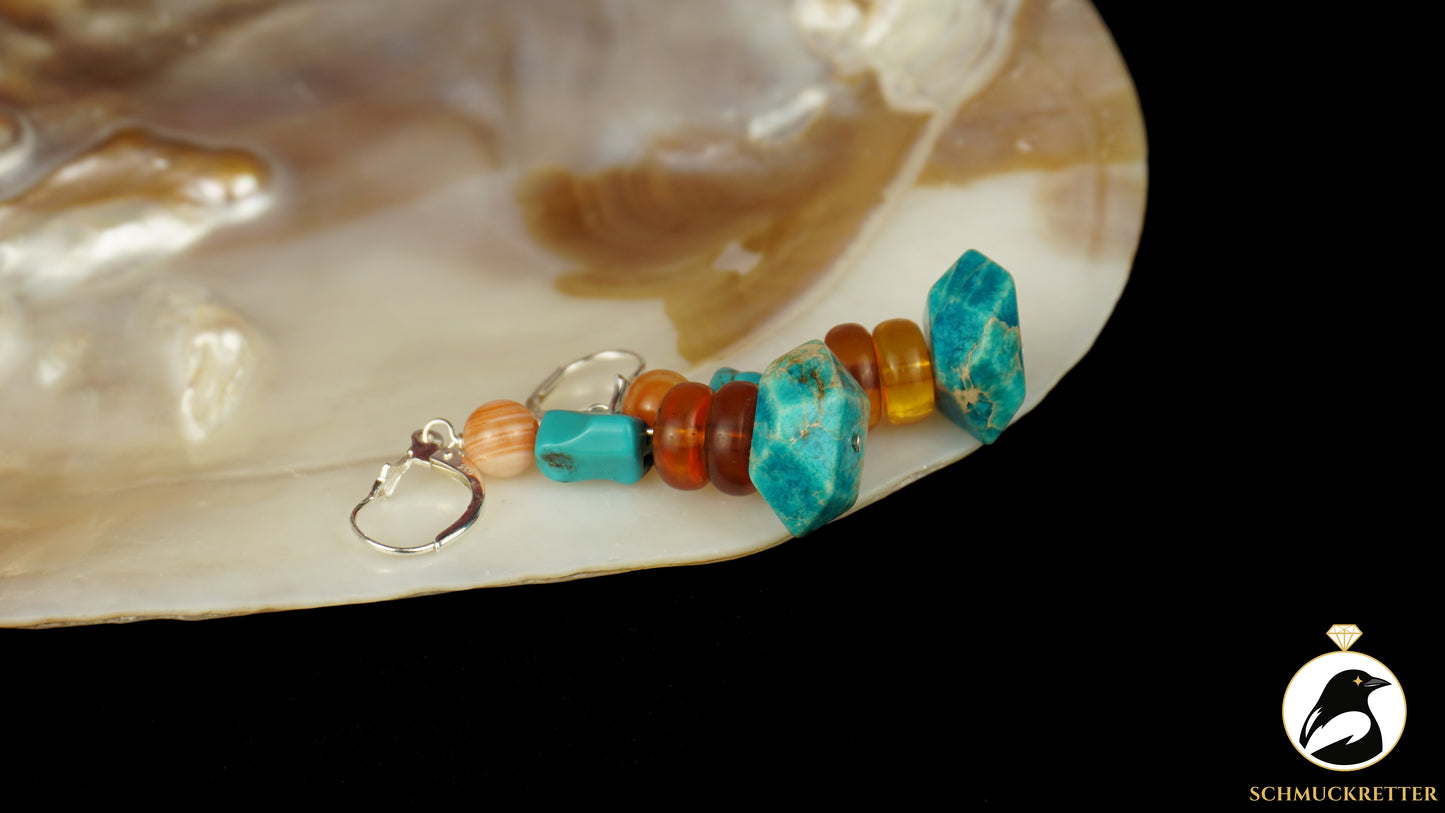 Ohrringe 'Ostseeabend' aus 925 Silber - mit Achat, Bernstein und Türkis-Howlith
