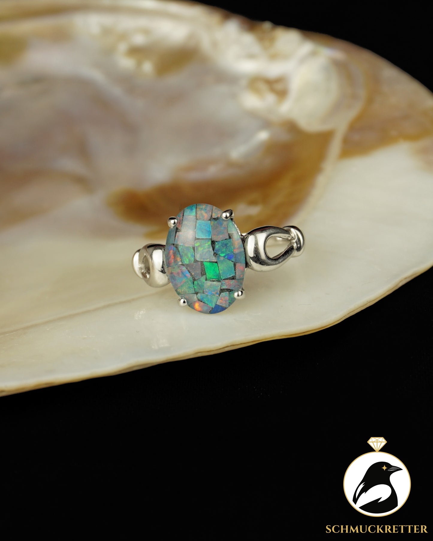 Ring mit Mosaikopal aus 925 Silber, Gr. 60