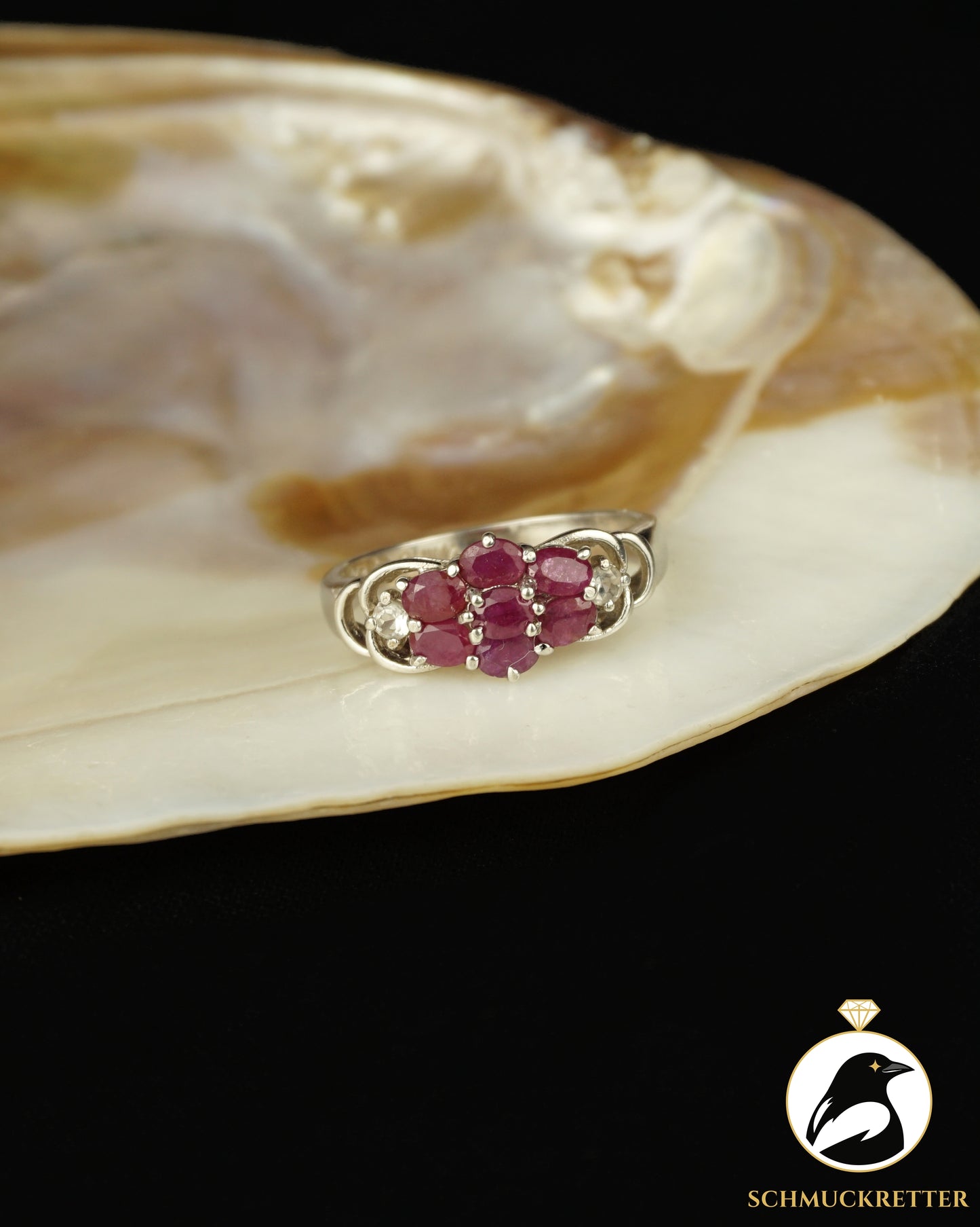 Blütenring mit Rubin und weißem Topas aus 925 Silber, Gr. 60
