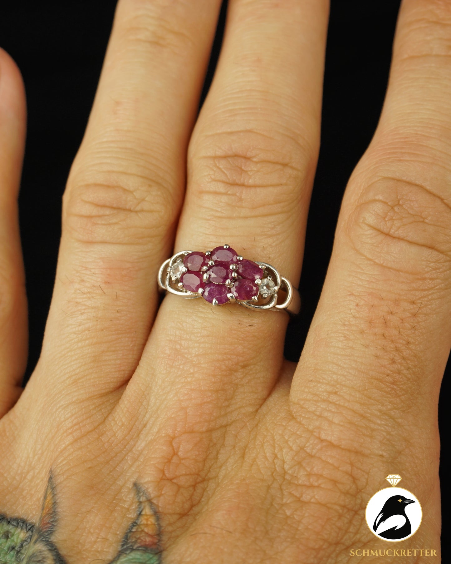 Blütenring mit Rubin und weißem Topas aus 925 Silber, Gr. 60
