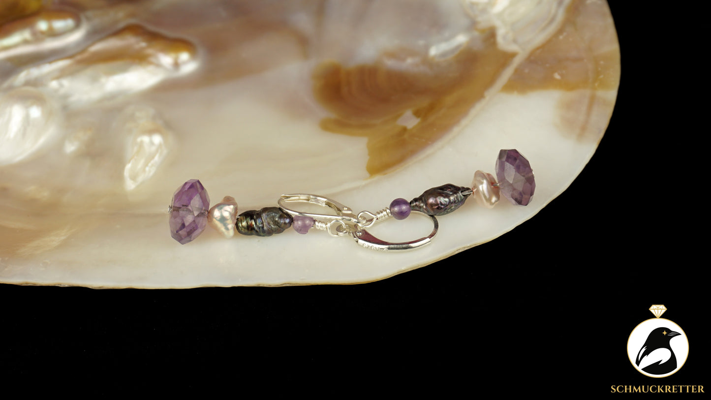 Ohrringe 'Lavender Moonlight' aus 925 Silber - mit Perlen & Amethyst