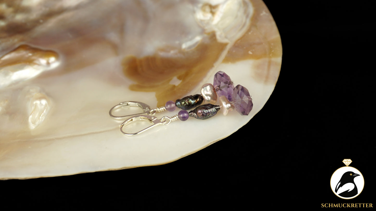Ohrringe 'Lavender Moonlight' aus 925 Silber - mit Perlen & Amethyst