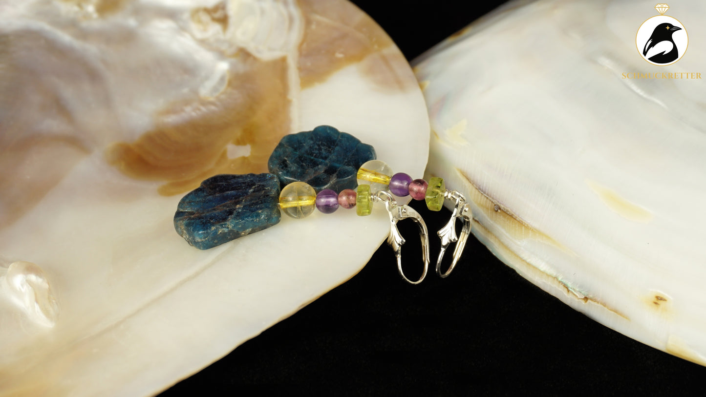 Ohrringe 'Tiefseetanz' aus 925 Silber - mit Apatit, Rutilquarz, Peridot, Turmalin, Amethyst
