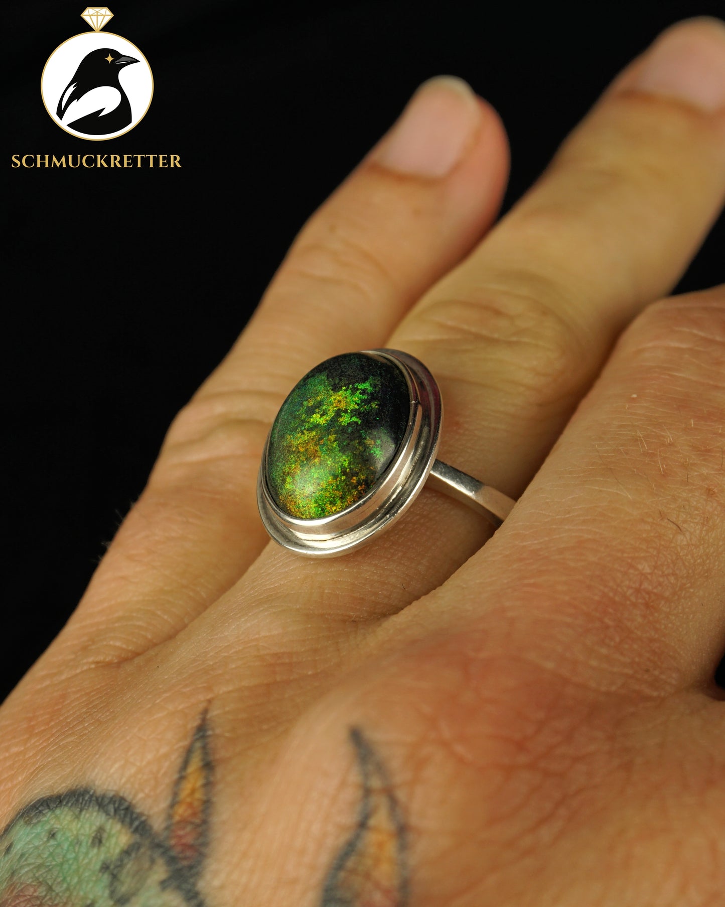 Handgearbeiteter Dark-Opal-Ring aus 925 Silber, Gr. 57