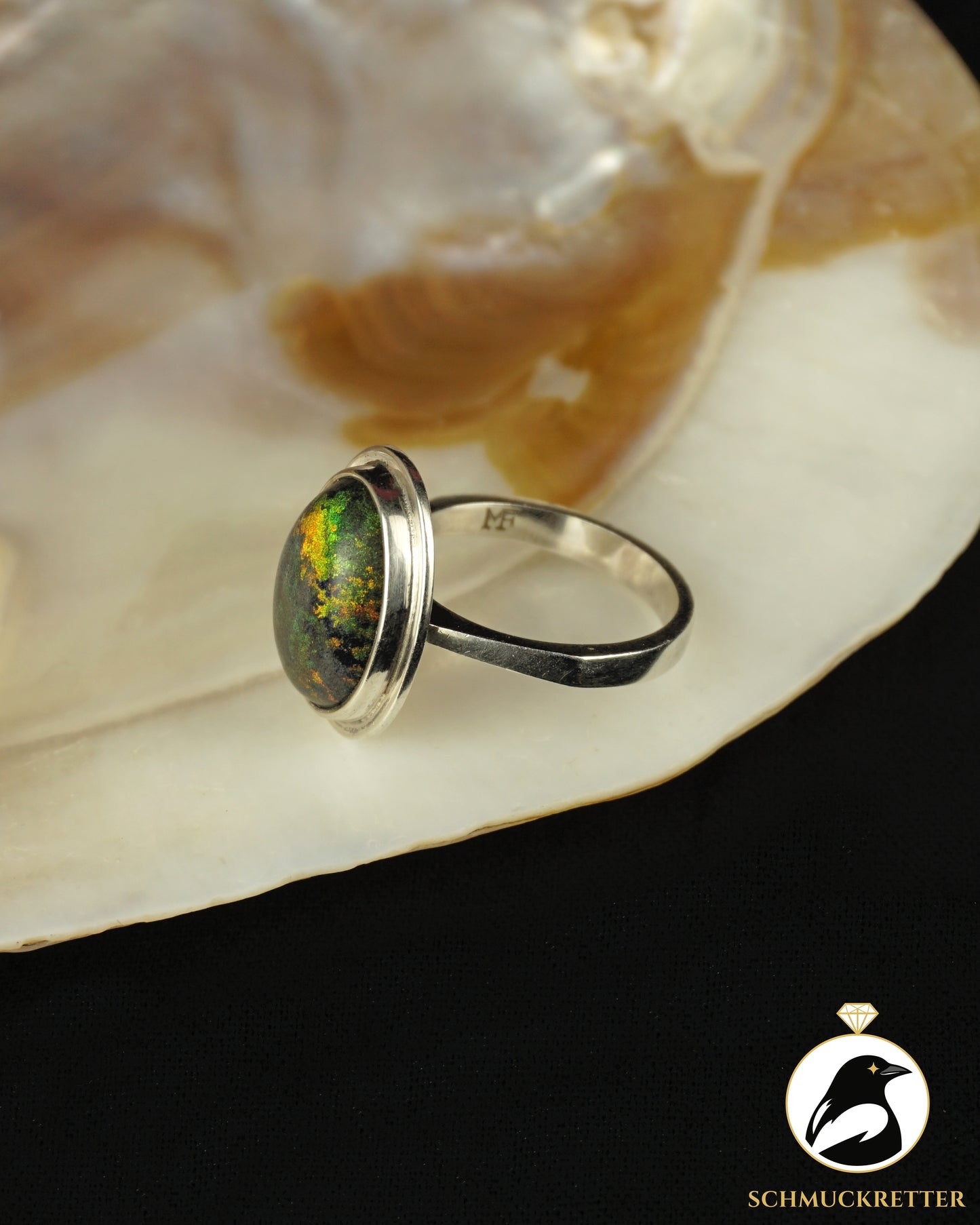 Handgearbeiteter Dark-Opal-Ring aus 925 Silber, Gr. 57