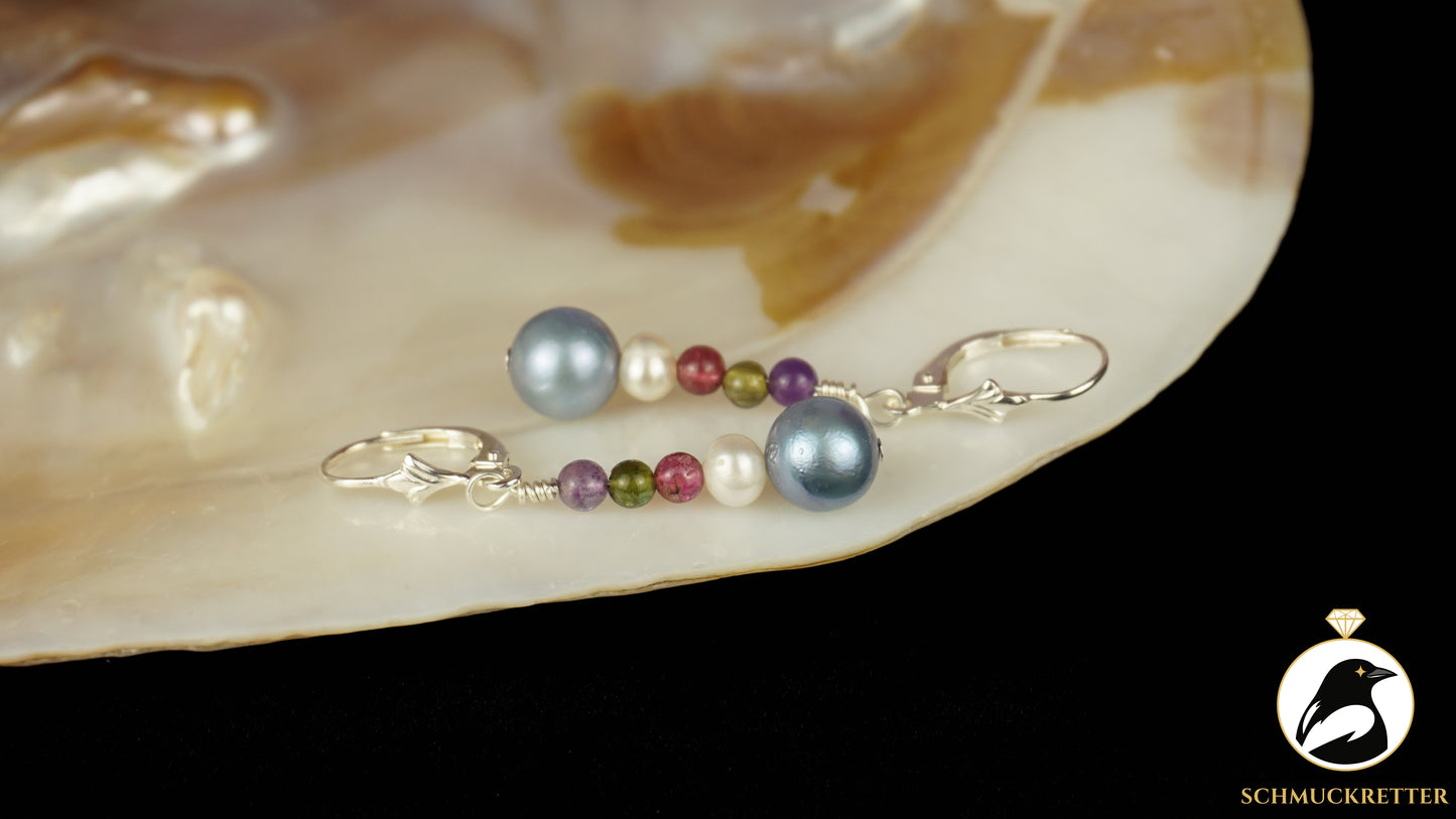 Ohrringe 'Silberdämmerung' aus 925 Silber - mit Perlen, Turmalin, Amethyst, SALE