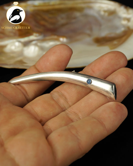 Lange 925 Silber Brosche mit blauem Chalcedon