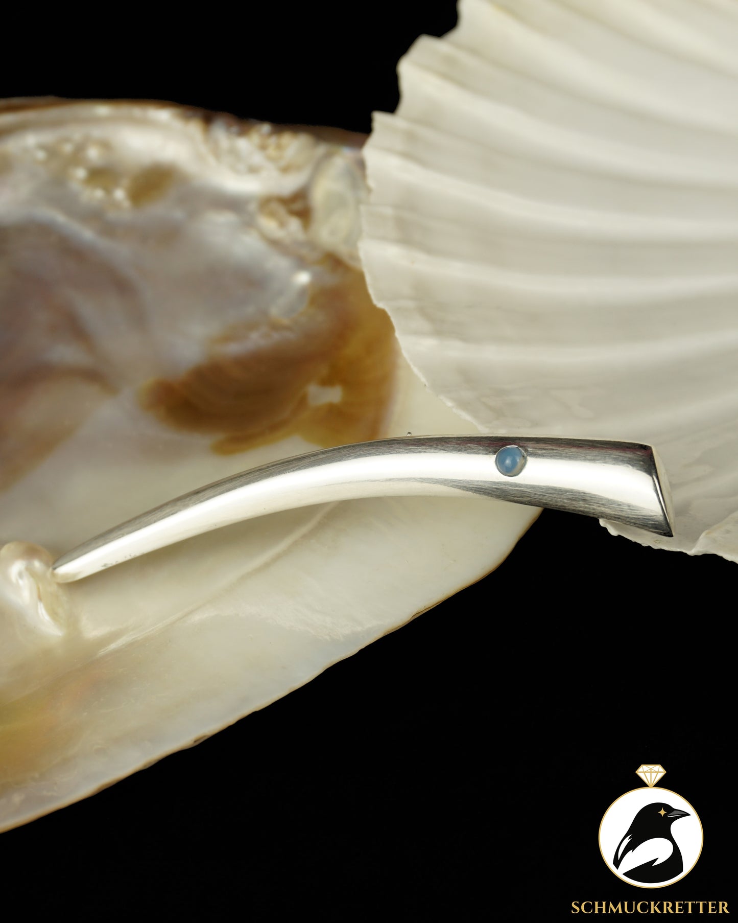 Lange 925 Silber Brosche mit blauem Chalcedon