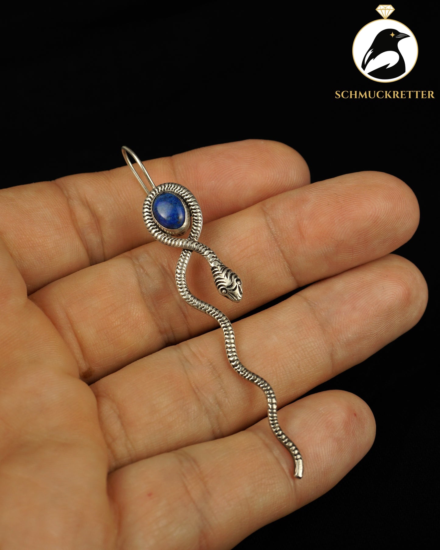 Langer Schlangen-Ohrring aus 925 Silber mit Lapislazuli