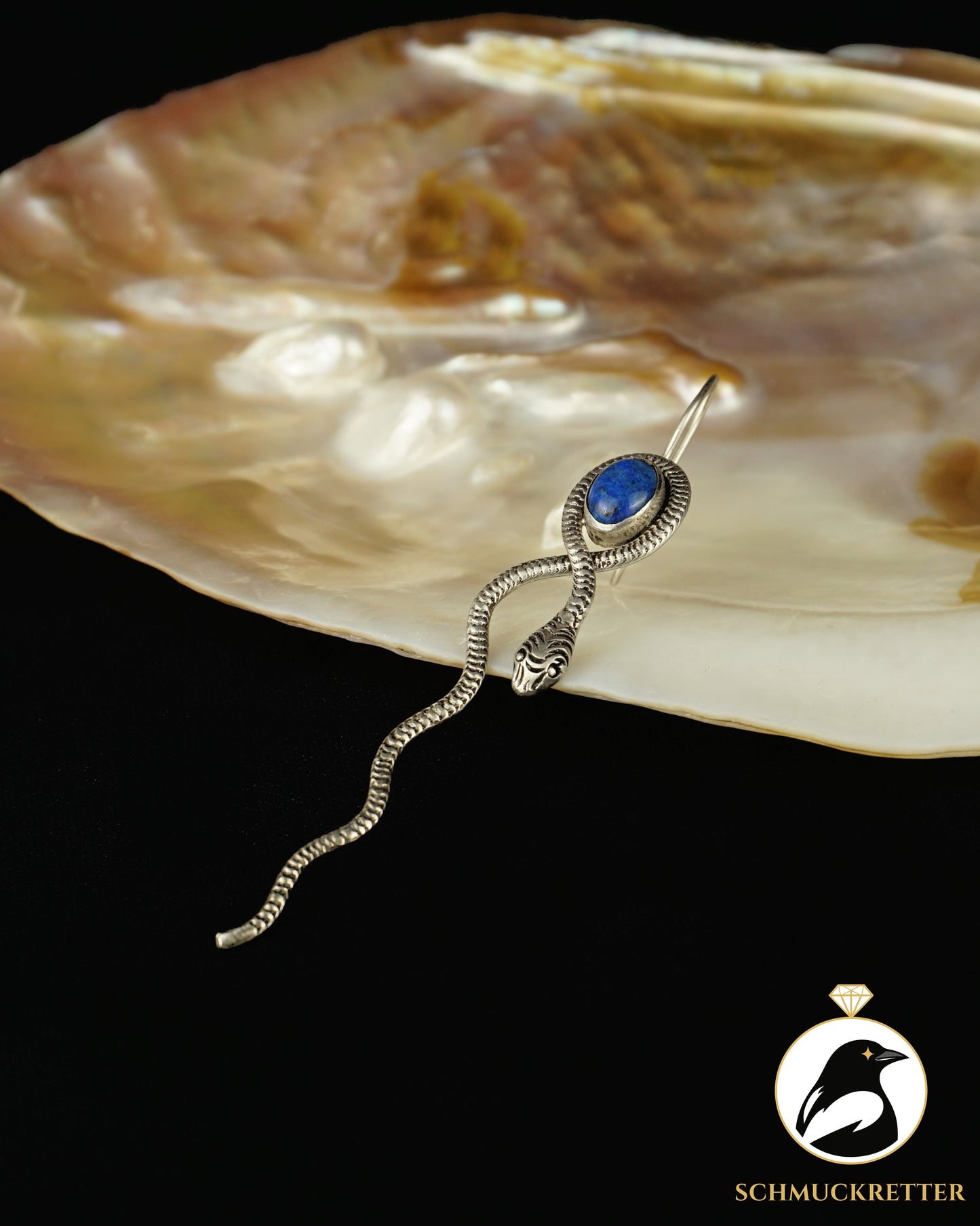 Langer Schlangen-Ohrring aus 925 Silber mit Lapislazuli