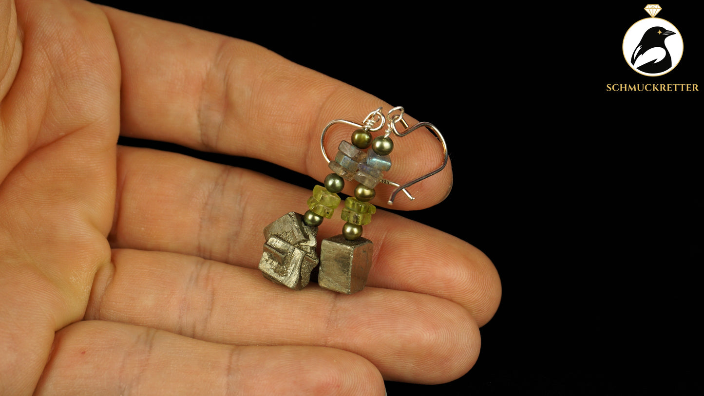 Ohrringe 'Koboldgold' aus 925 Silber - mit Perlen, Labradorit, Peridot und Pyrit