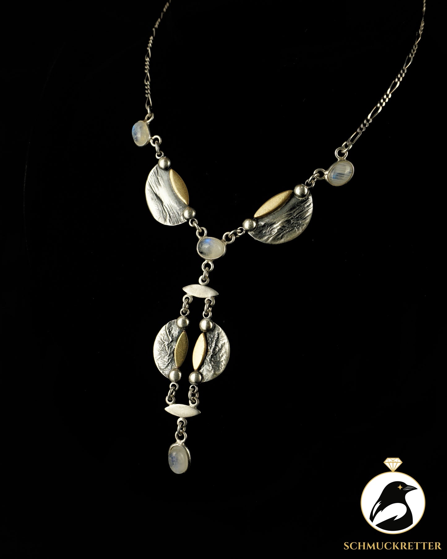 Designer-Collier mit leuchtendem Mondstein aus 925 Silber, Handarbeit