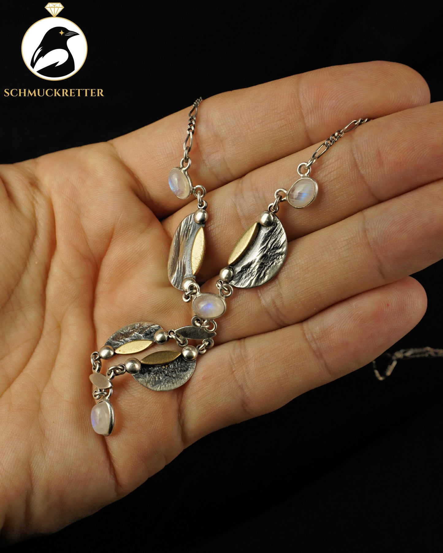 Designer-Collier mit leuchtendem Mondstein aus 925 Silber, Handarbeit