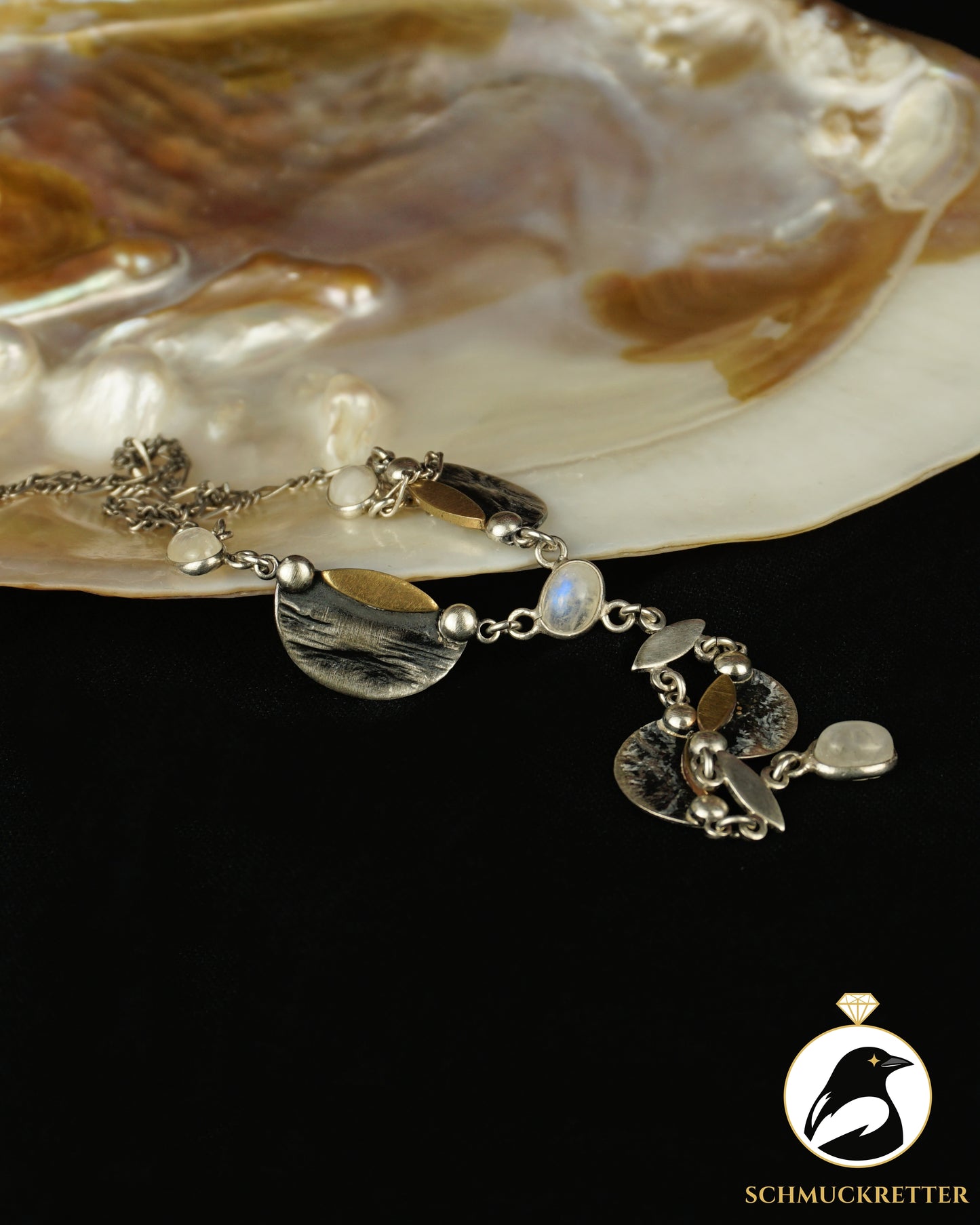Designer-Collier mit leuchtendem Mondstein aus 925 Silber, Handarbeit