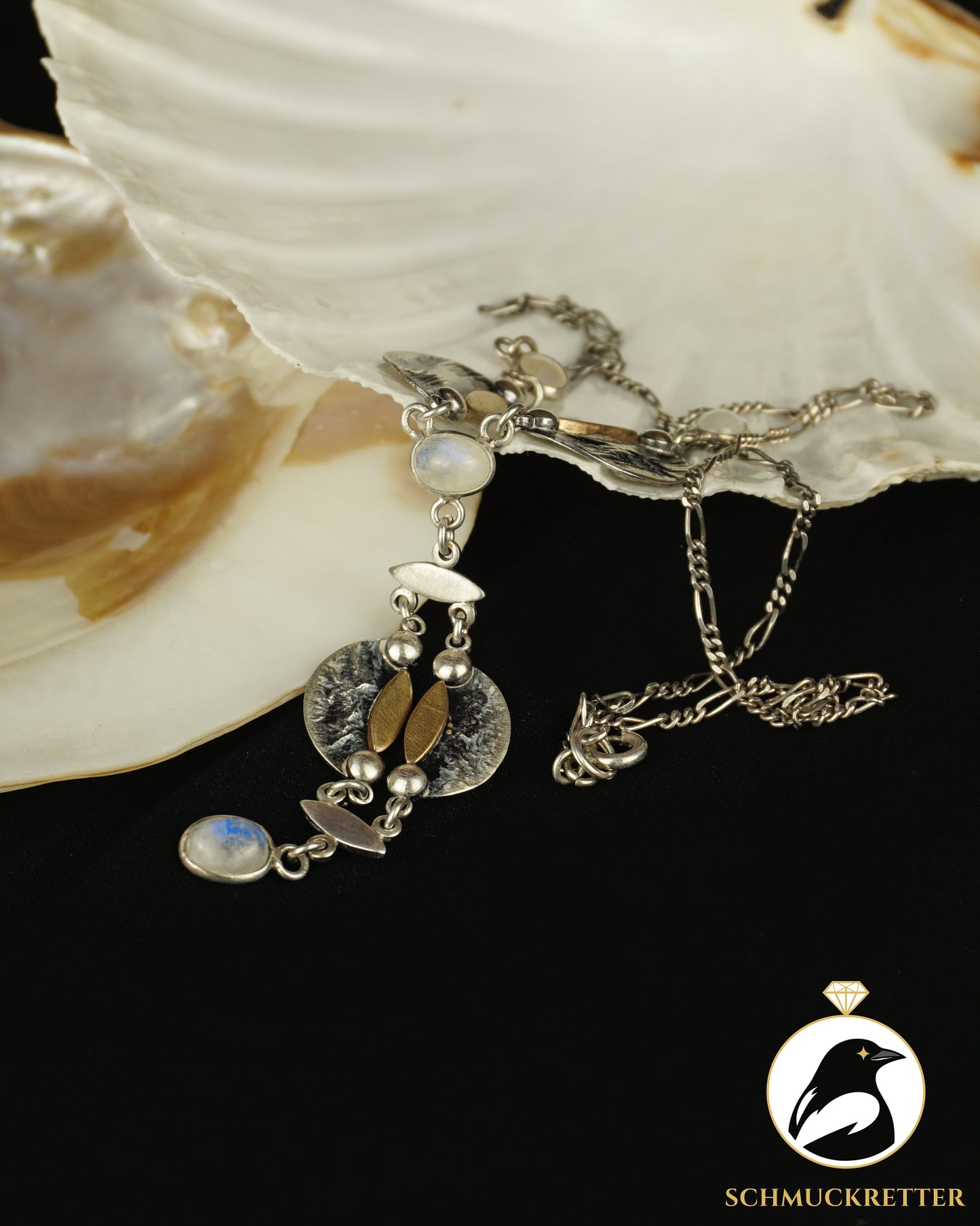 Designer-Collier mit leuchtendem Mondstein aus 925 Silber, Handarbeit