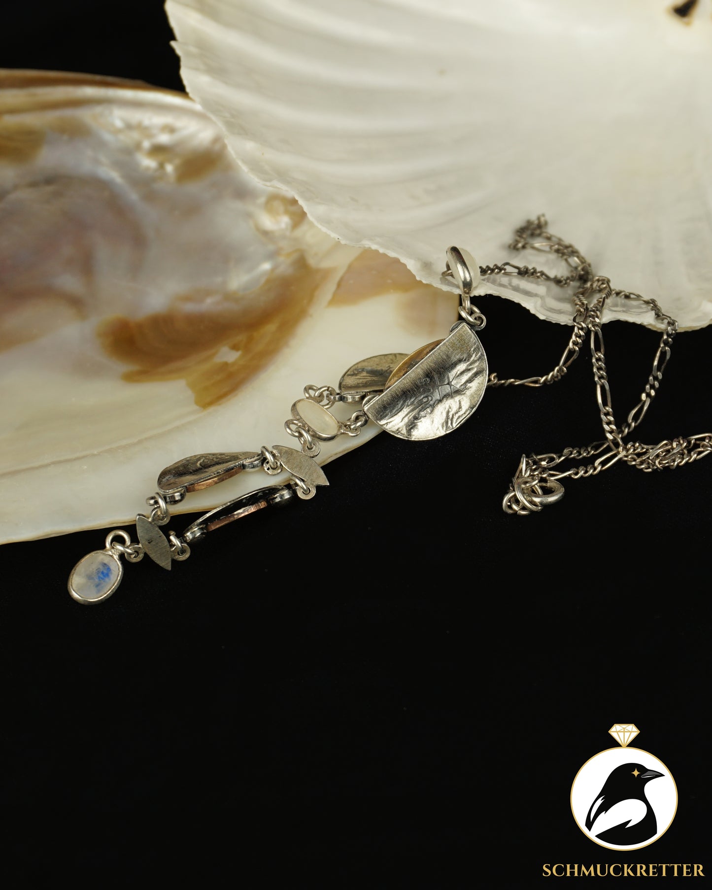 Designer-Collier mit leuchtendem Mondstein aus 925 Silber, Handarbeit