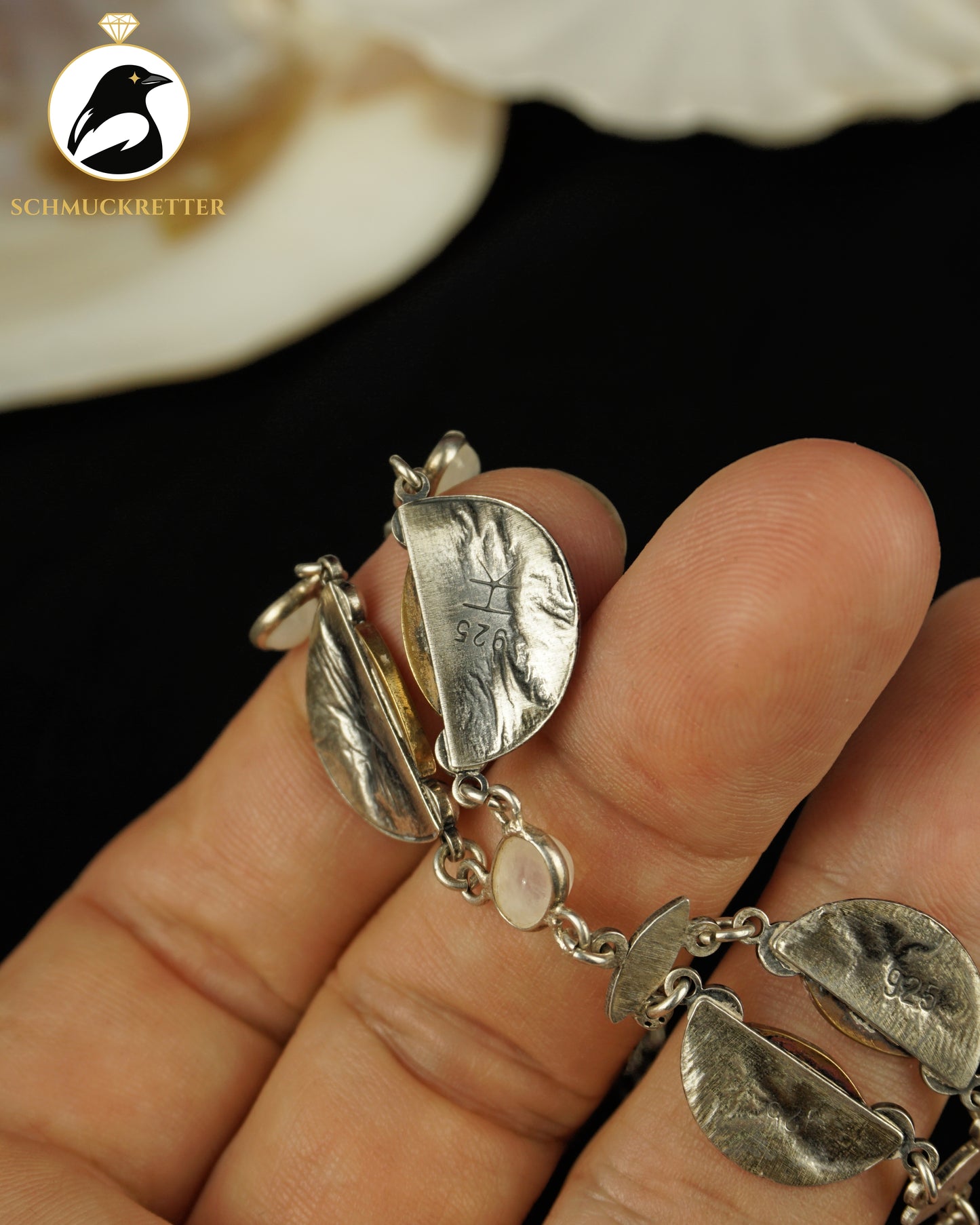 Designer-Collier mit leuchtendem Mondstein aus 925 Silber, Handarbeit