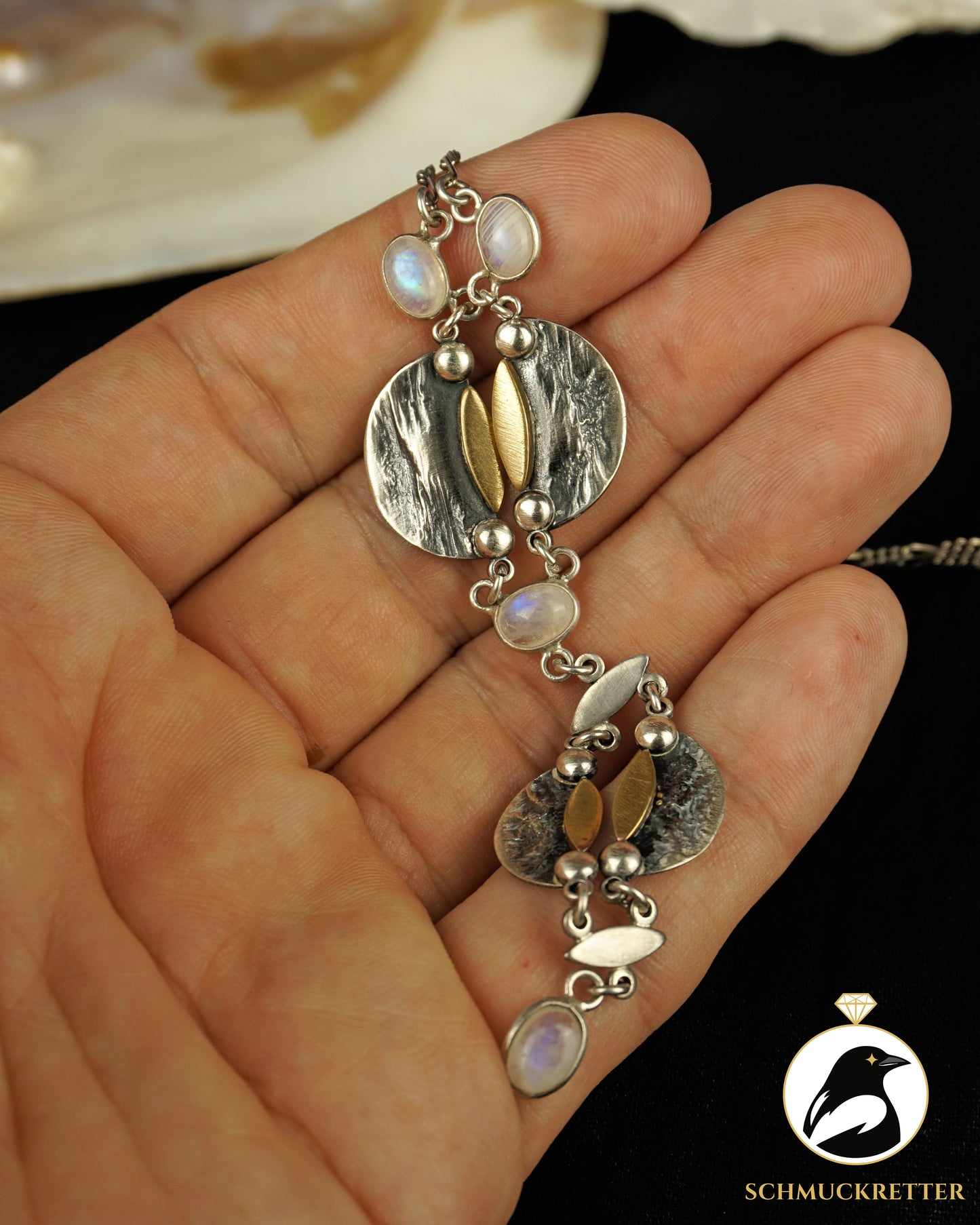 Designer-Collier mit leuchtendem Mondstein aus 925 Silber, Handarbeit