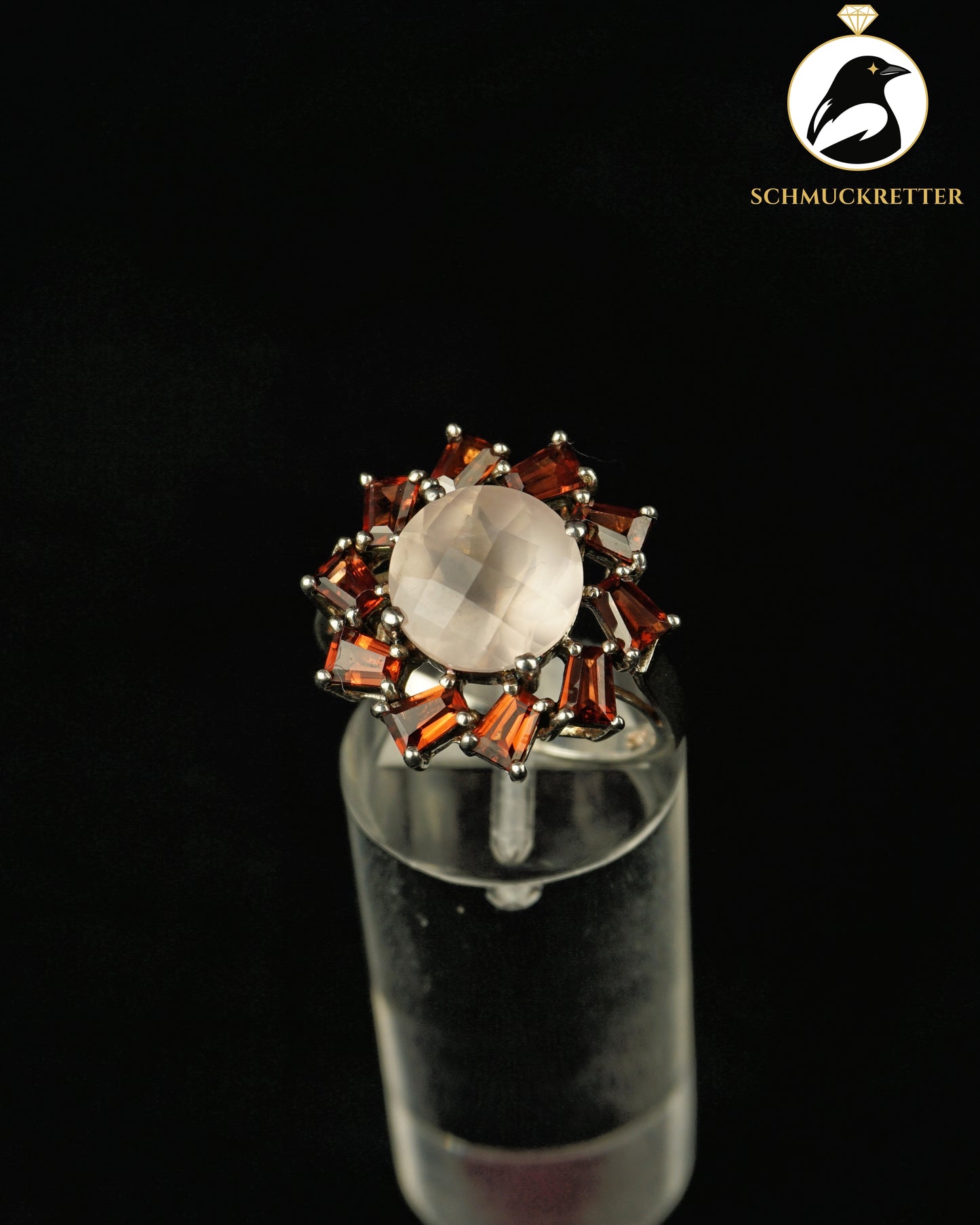925 Silber Ring mit Granat und Rosenquarz, Gr. 57