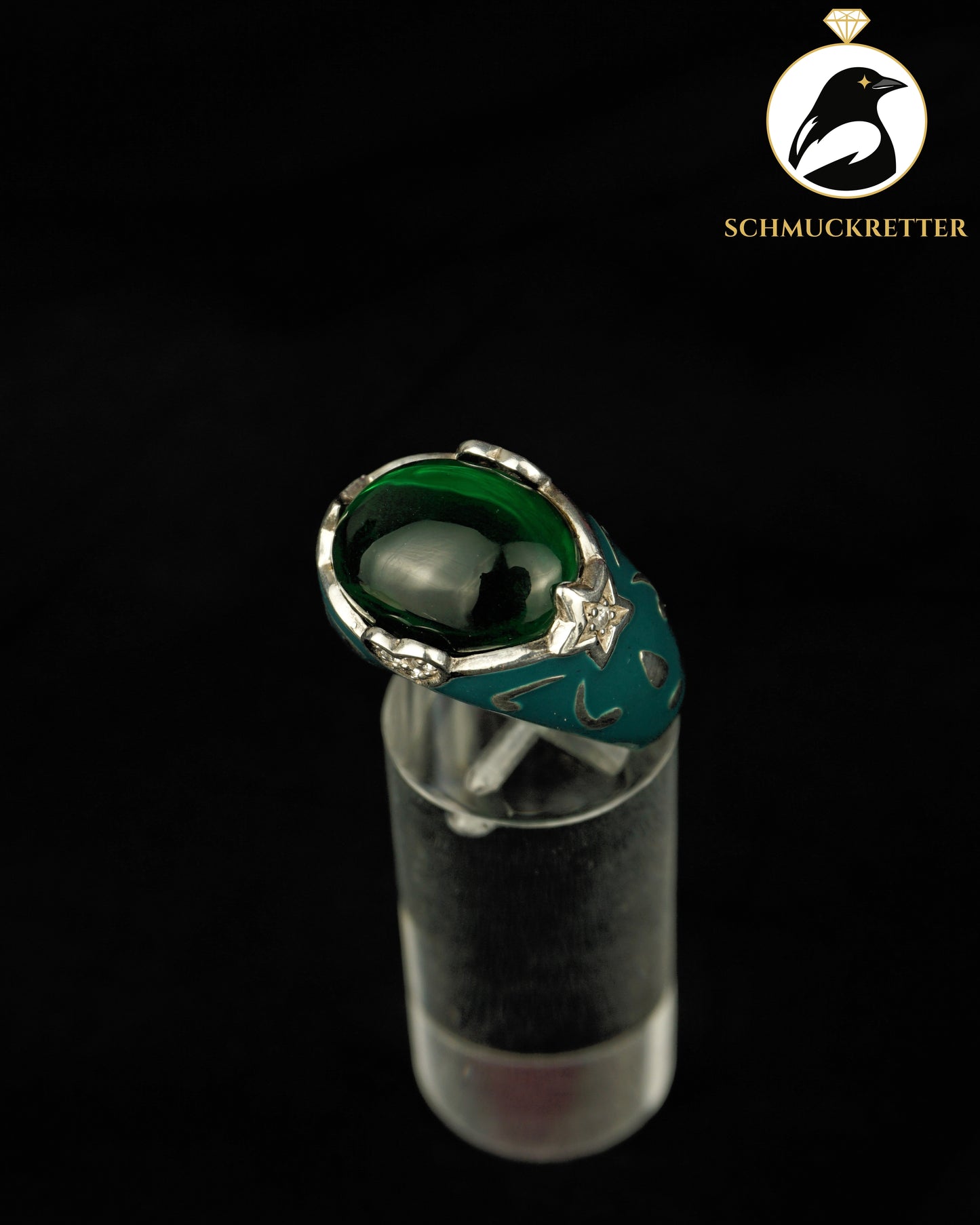 David Sigal: Ring aus 925 Silber mit grünem Stein & Emaille, Gr. 57