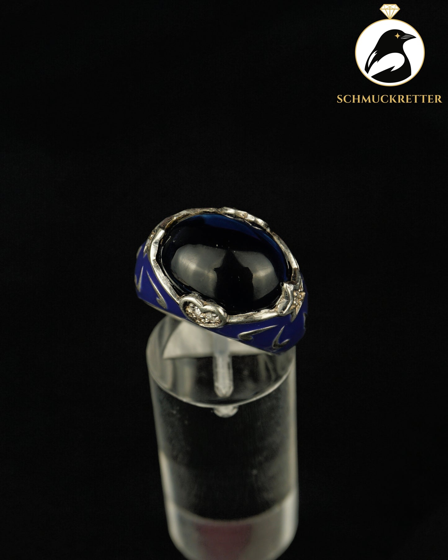 David Sigal: Ring aus 925 Silber mit blauem Stein & Emaille, Gr. 57