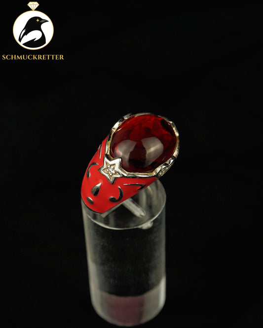 David Sigal: Ring aus 925 Silber mit rotem Stein & Emaille, Gr. 60