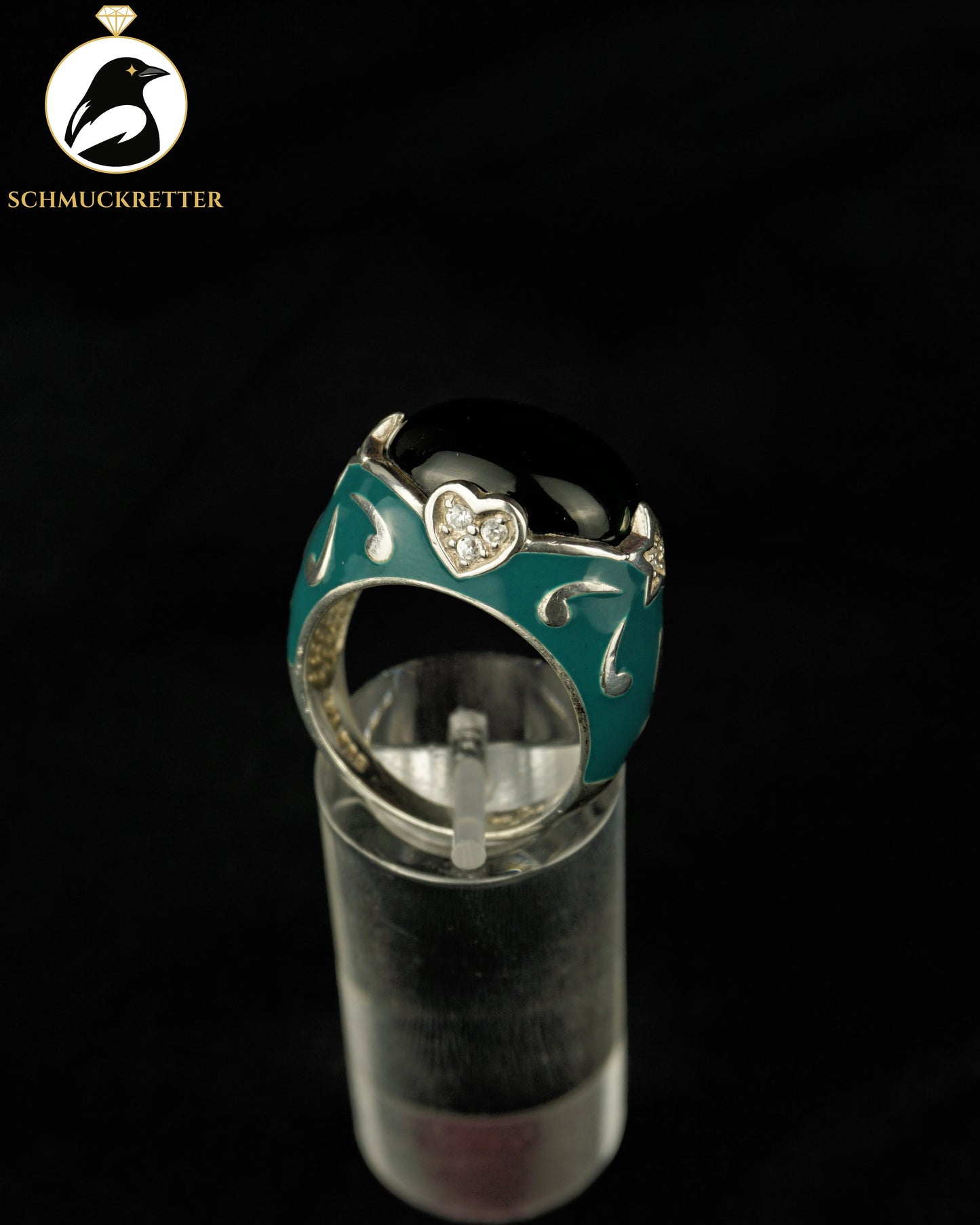 David Sigal: Ring aus 925 Silber mit grünem Stein & Emaille, Gr. 57