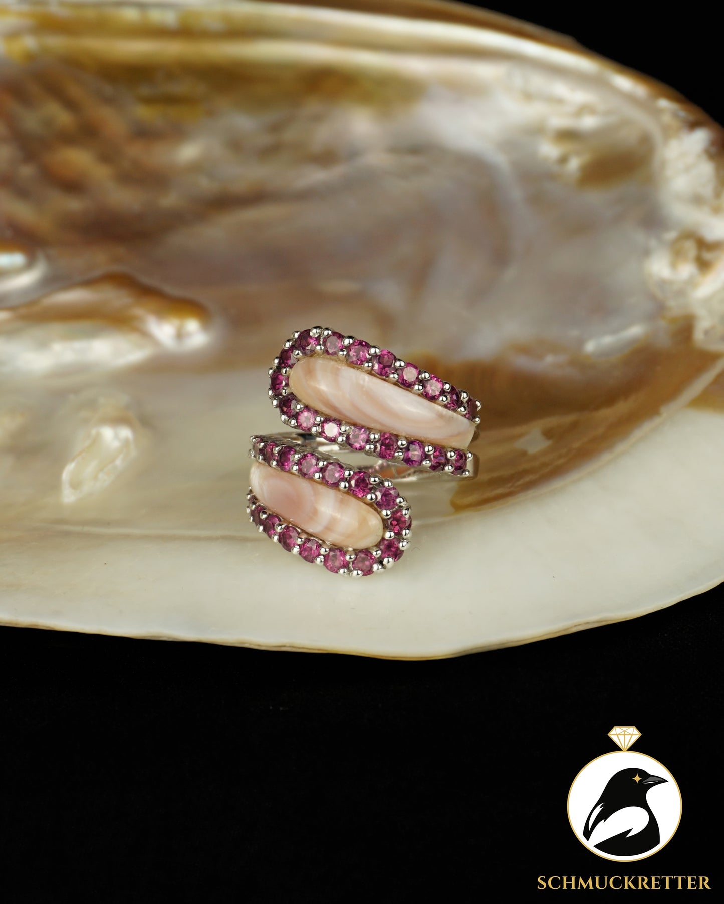 925 Silber Ring mit Rhodolith-Granat und Perlmutt, Gr. 57