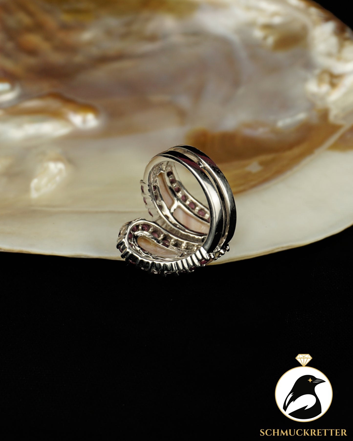 925 Silber Ring mit Rhodolith-Granat und Perlmutt, Gr. 57