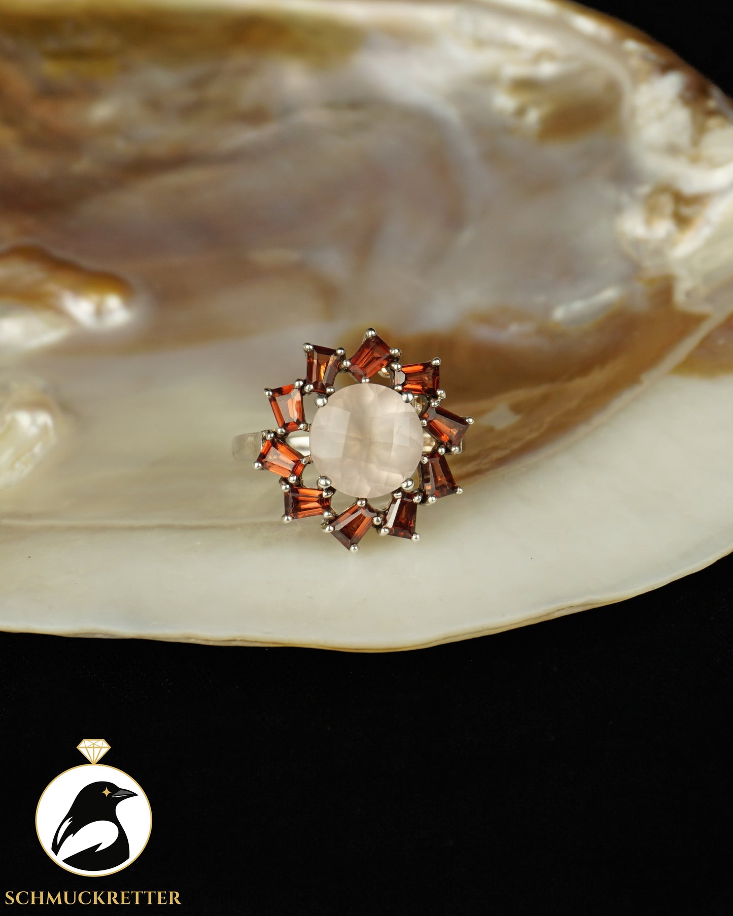 925 Silber Ring mit Granat und Rosenquarz, Gr. 57