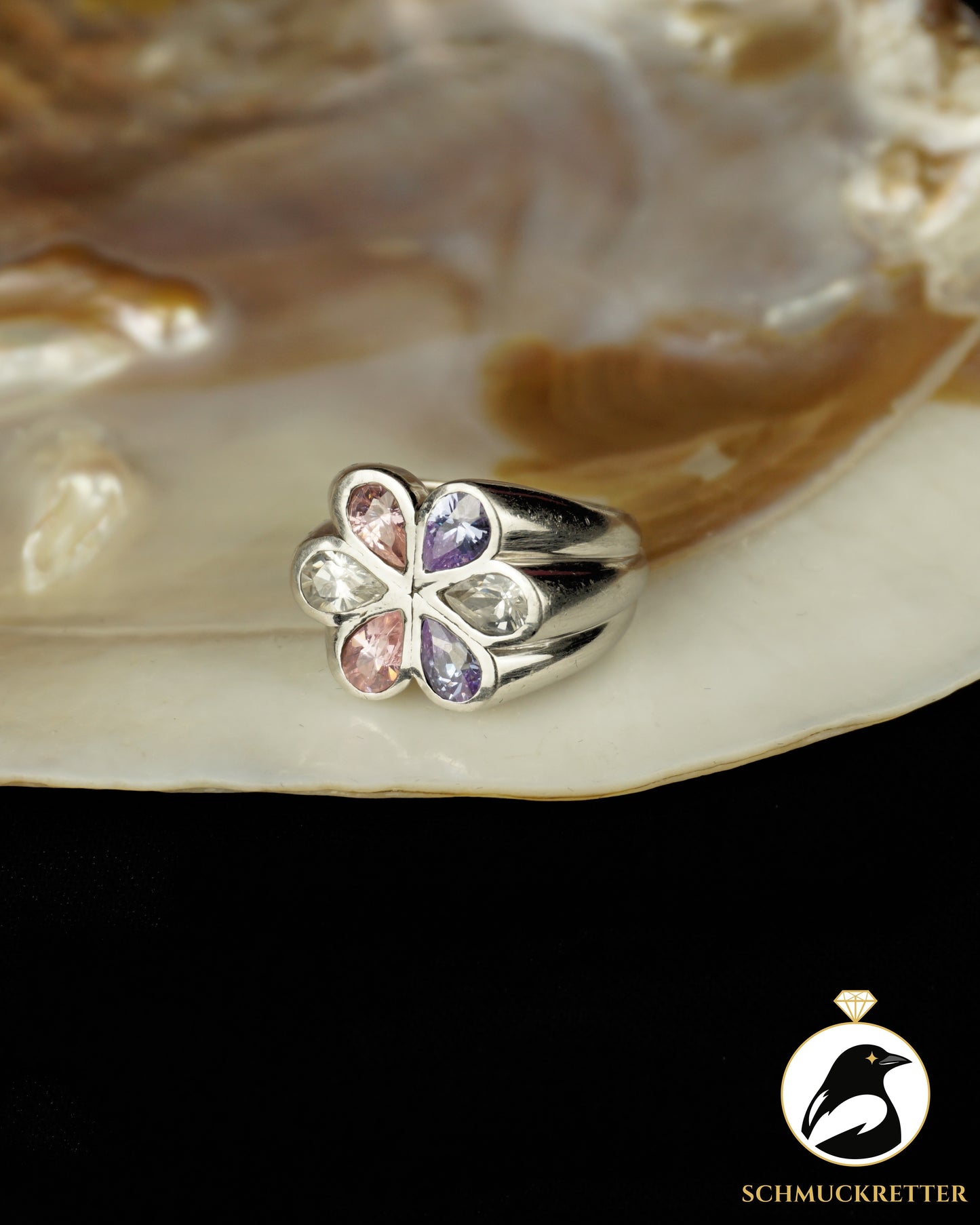 925 Silber Blütenring mit lila & rosafarbenen Zirkonia, Gr. 54