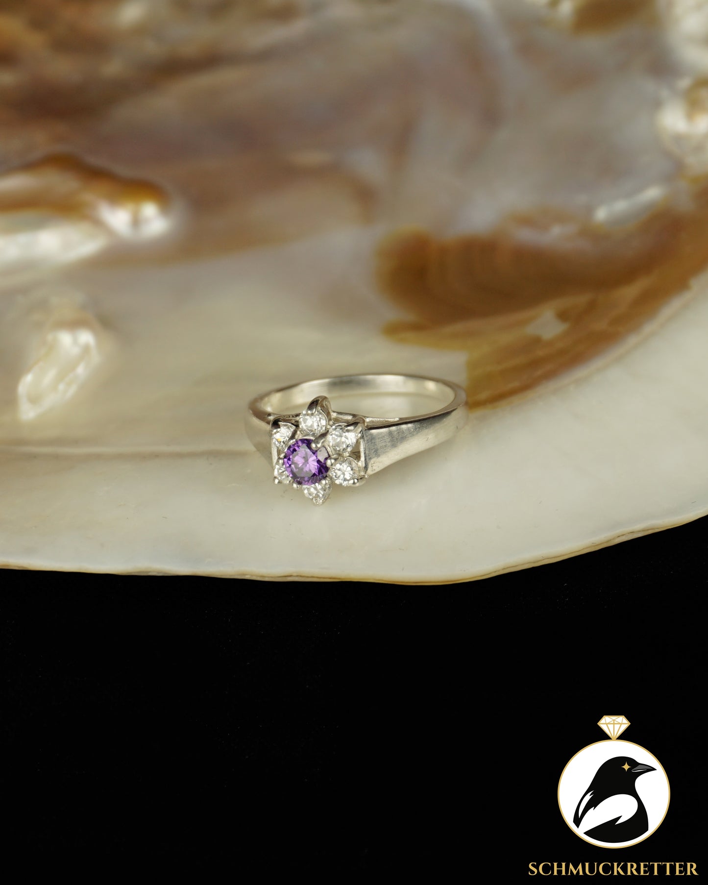 925 Silber Blütenring mit lila & weißen Zirkonia, Gr. 54