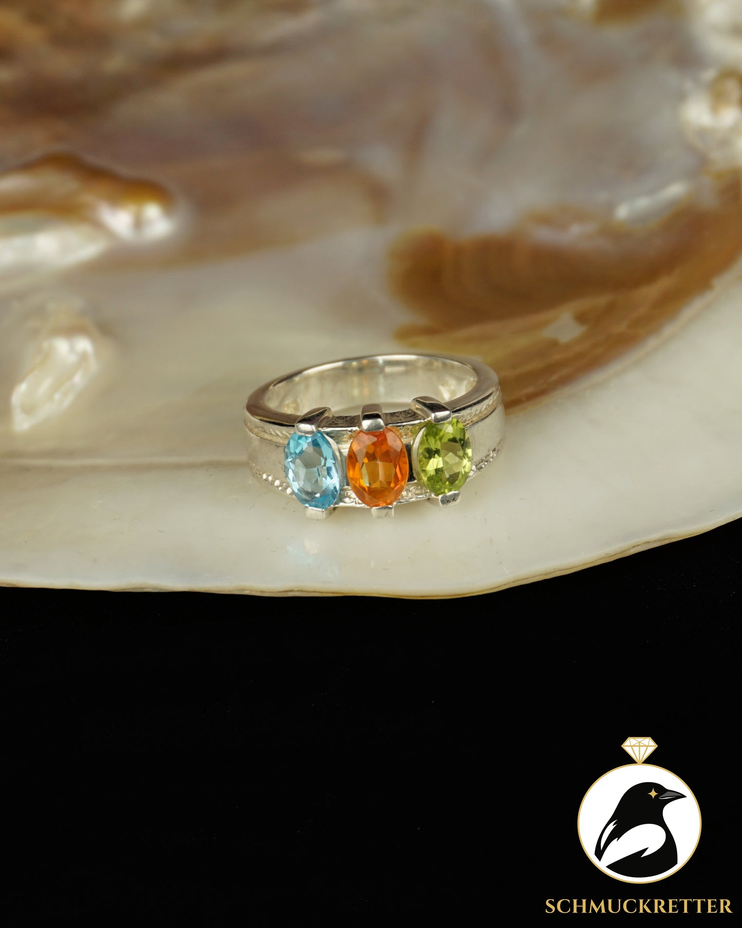 Sommerfrische! 925 Silber Ring mit dreifarbigen Steinen: Peridot & Topas, Gr. 56
