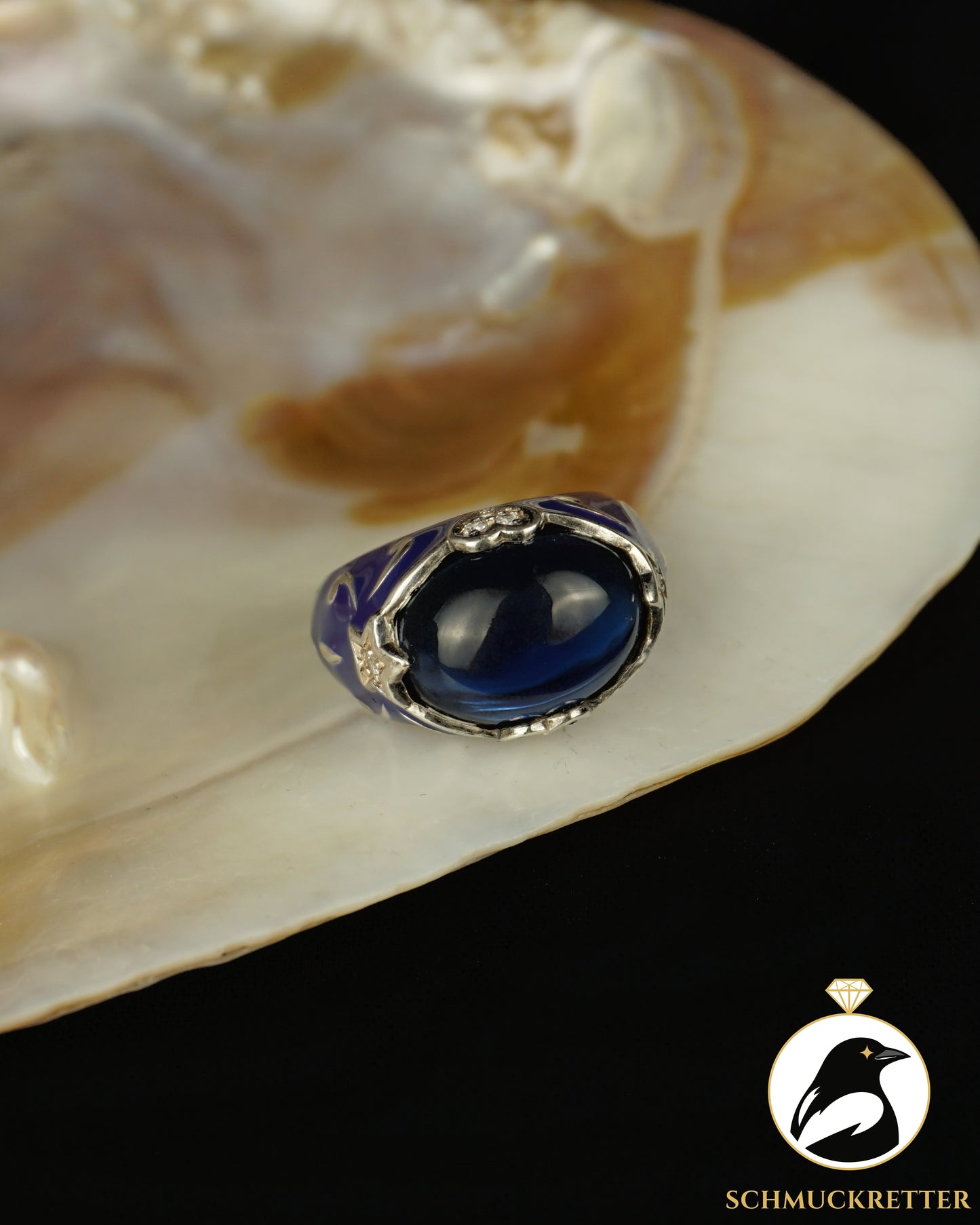 David Sigal: Ring aus 925 Silber mit blauem Stein & Emaille, Gr. 57