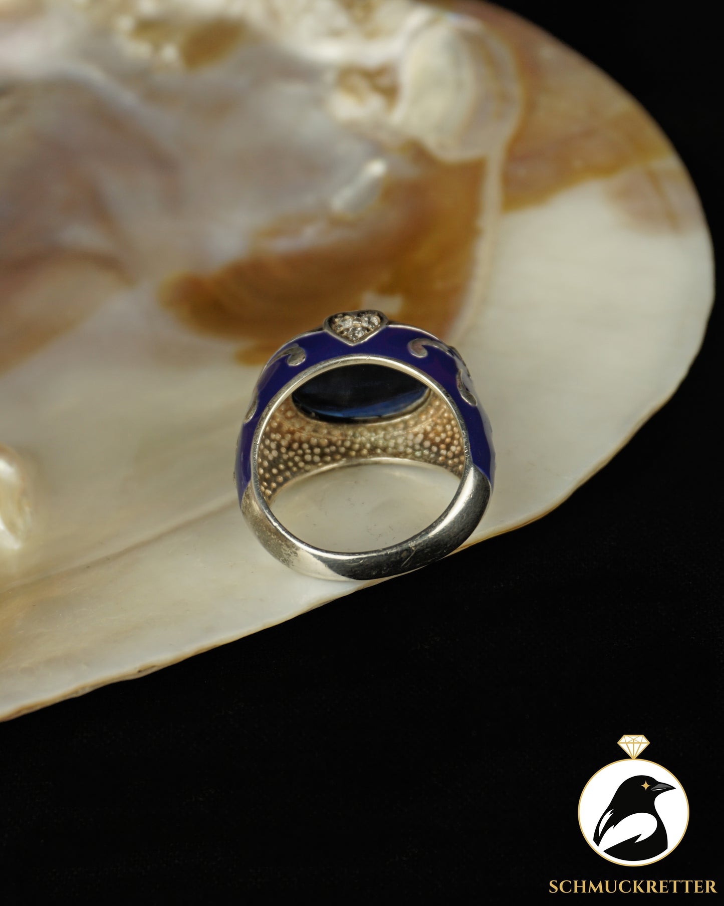 David Sigal: Ring aus 925 Silber mit blauem Stein & Emaille, Gr. 57
