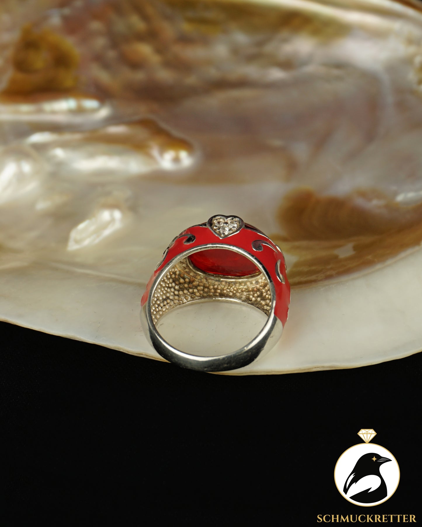 David Sigal: Ring aus 925 Silber mit rotem Stein & Emaille, Gr. 60