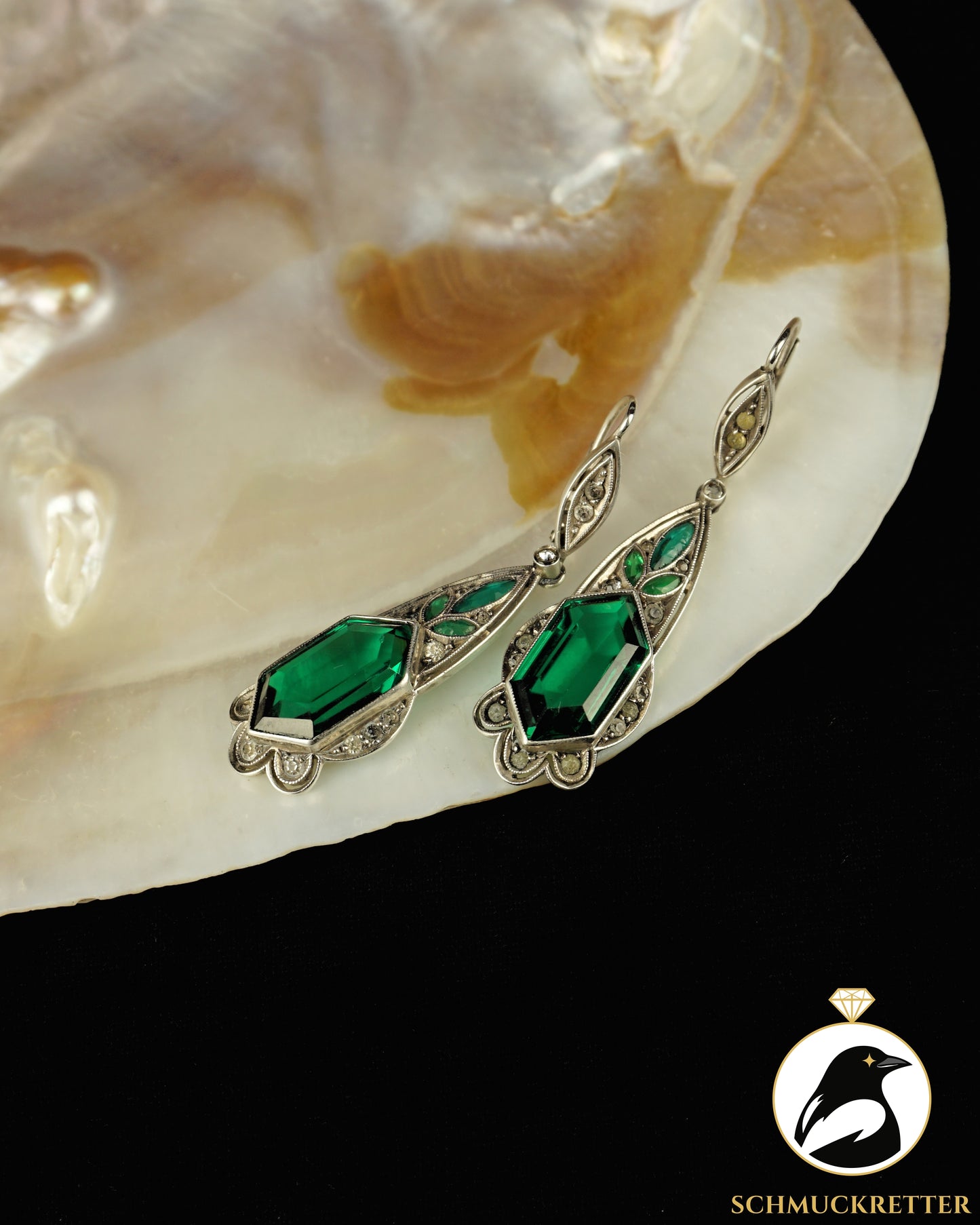 Antike 835 Silber Ohrhänger | Art Déco | Grünes Glas | 1920er Jahre