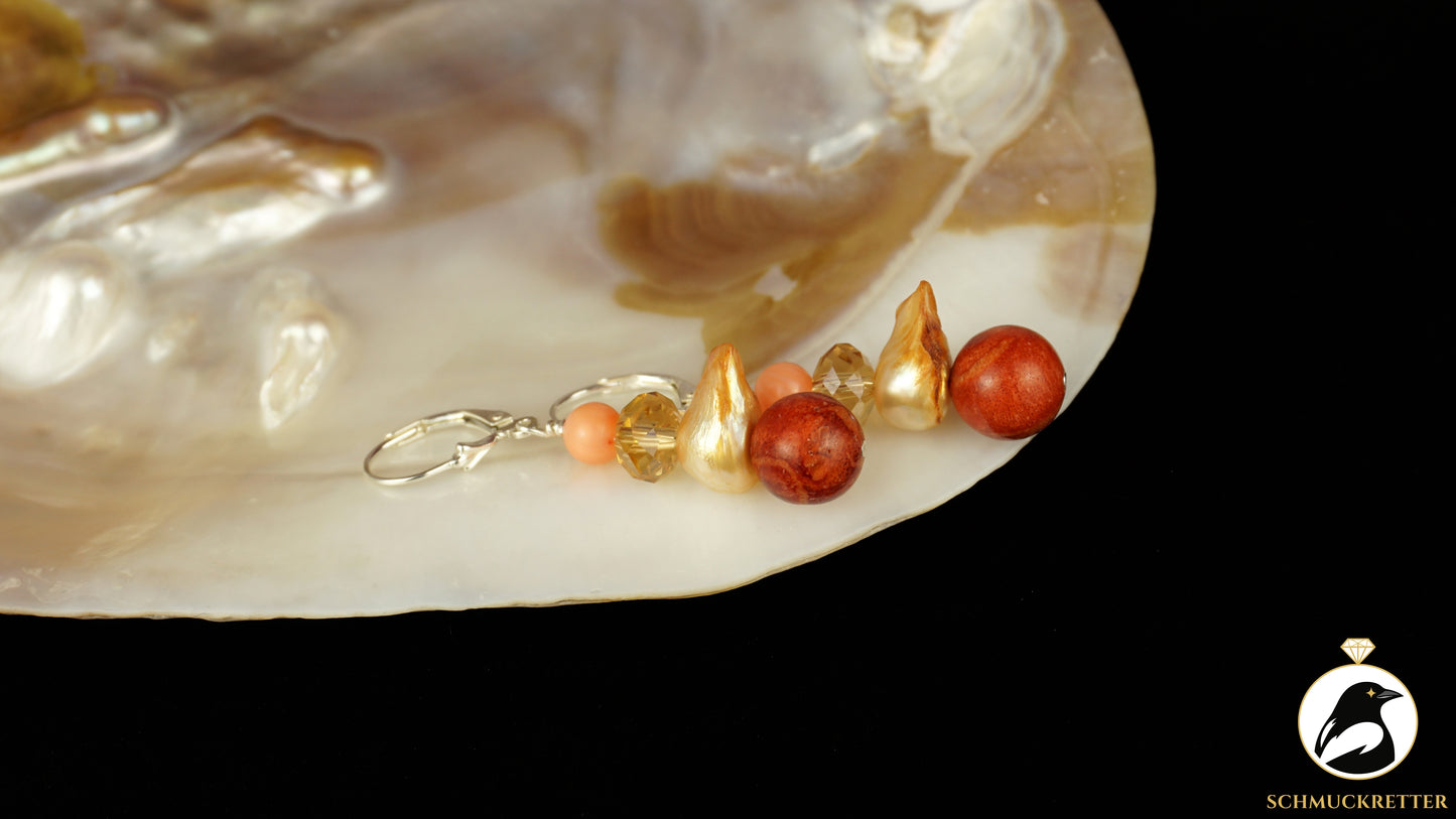 Ohrringe 'Korallenbucht' aus 925 Silber - mit Korallen, barocker Perle & Glasstein