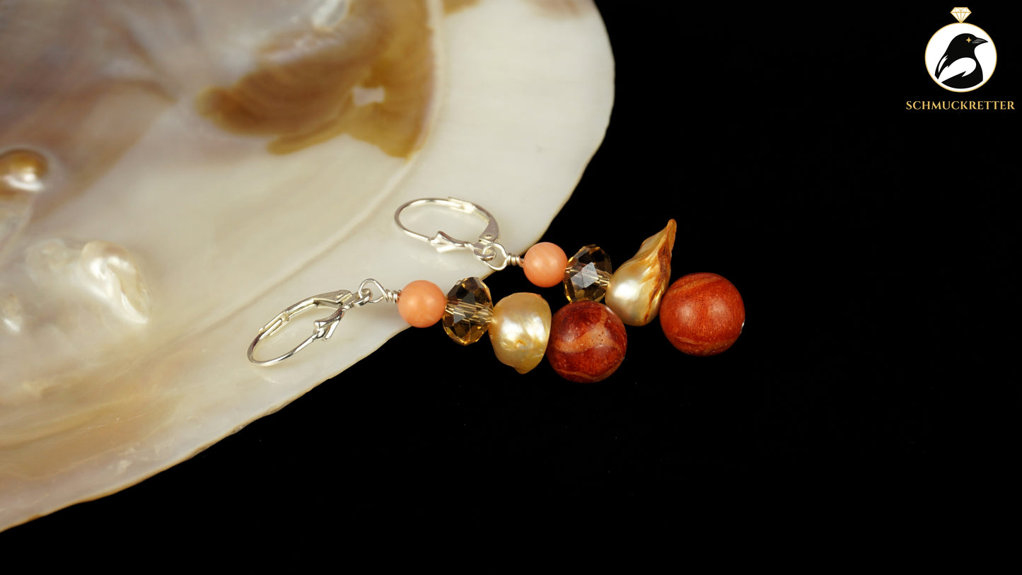 Ohrringe 'Korallenbucht' aus 925 Silber - mit Korallen, barocker Perle & Glasstein