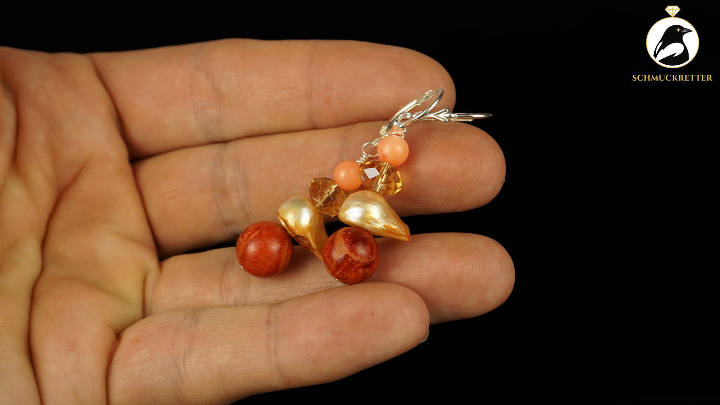 Ohrringe 'Korallenbucht' aus 925 Silber - mit Korallen, barocker Perle & Glasstein