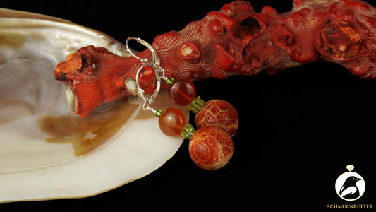 Ohrringe 'Tanz der Clownfische' aus 925 Silber - mit Korallen, Peridot, Karneol