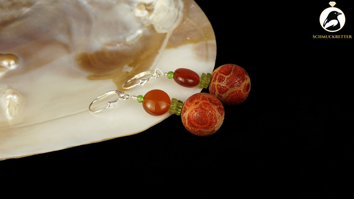 Ohrringe 'Tanz der Clownfische' aus 925 Silber - mit Korallen, Peridot, Karneol