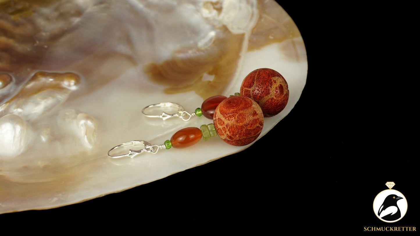 Ohrringe 'Tanz der Clownfische' aus 925 Silber - mit Korallen, Peridot, Karneol