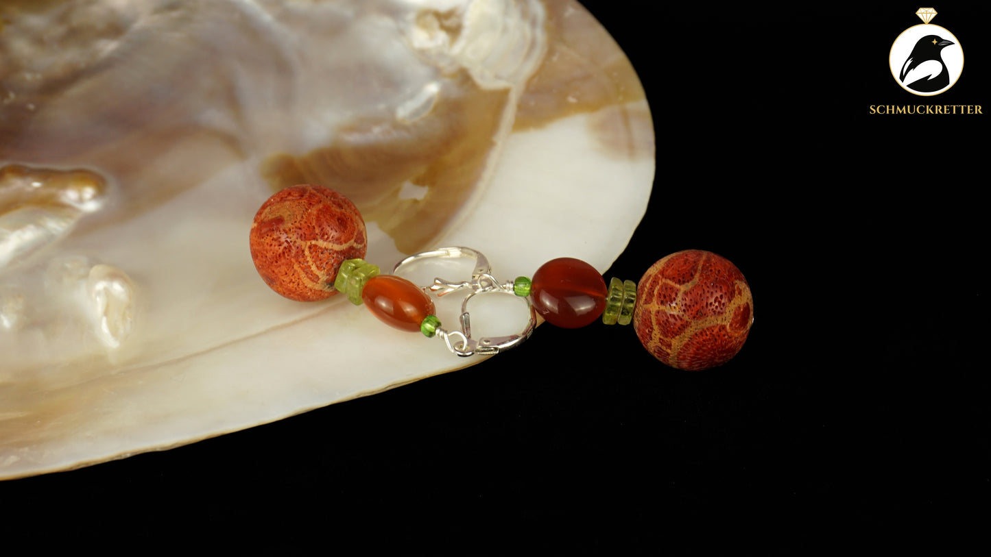Ohrringe 'Tanz der Clownfische' aus 925 Silber - mit Korallen, Peridot, Karneol