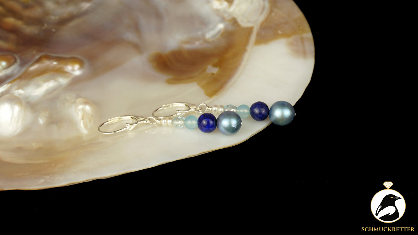Ohrringe 'Wintersee' aus 925 Silber - mit Perlen, Lapislazuli, Beryll