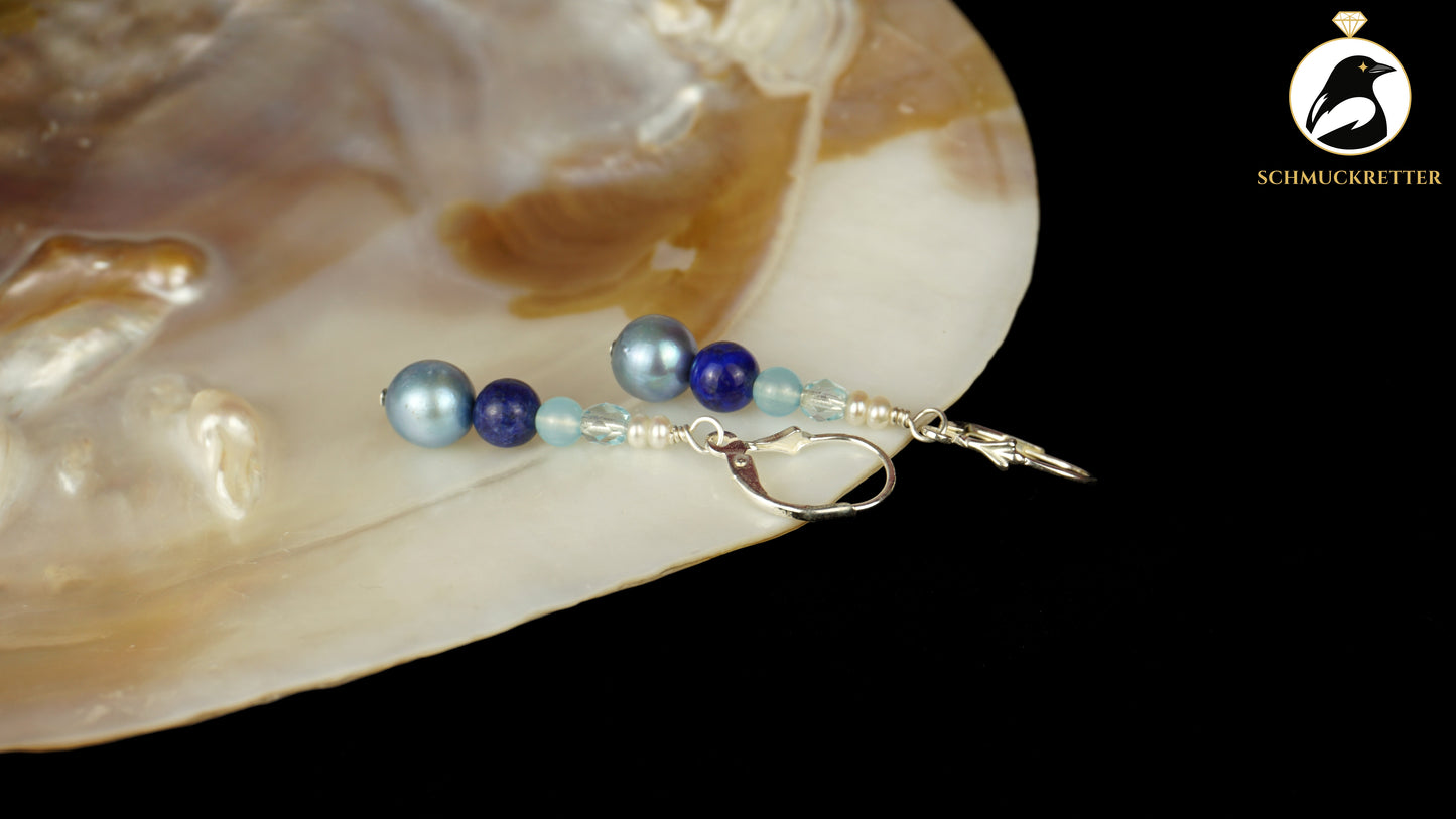 Ohrringe 'Wintersee' aus 925 Silber - mit Perlen, Lapislazuli, Beryll