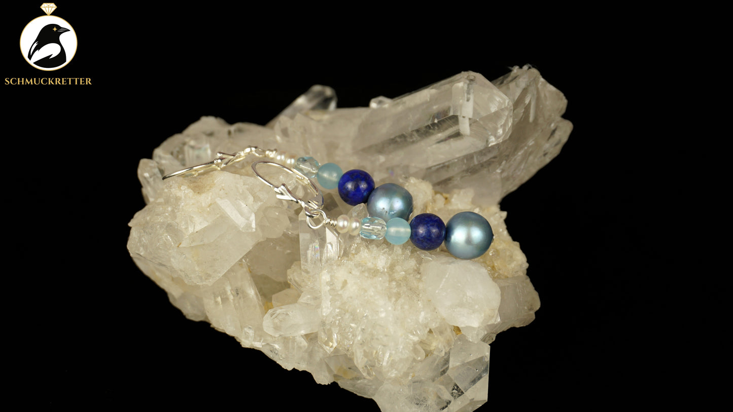 Ohrringe 'Wintersee' aus 925 Silber - mit Perlen, Lapislazuli, Beryll