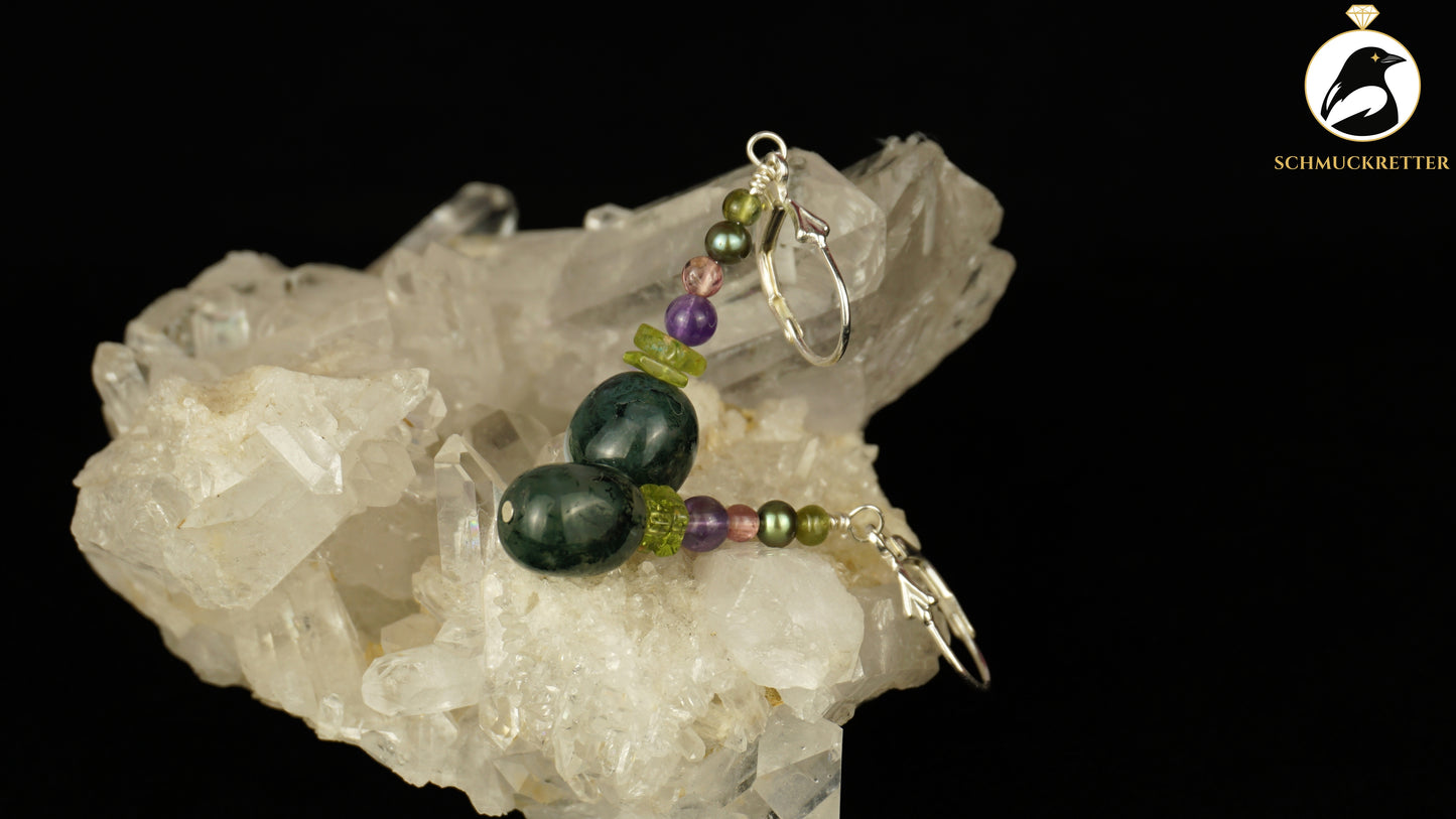 Ohrringe 'Moosmagie' aus 925 Silber - mit Moosachat, Peridot, Turmalin, Amethyst