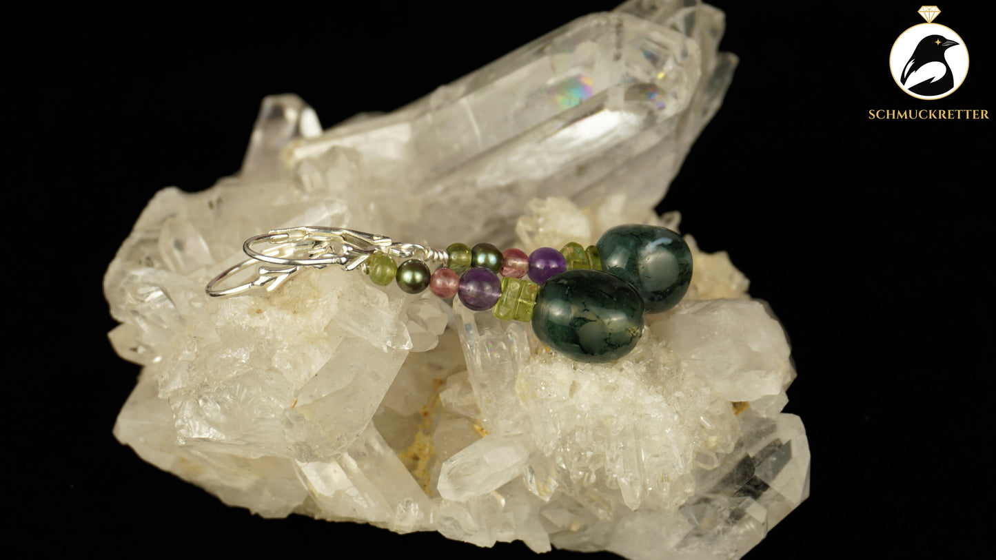 Ohrringe 'Moosmagie' aus 925 Silber - mit Moosachat, Peridot, Turmalin, Amethyst