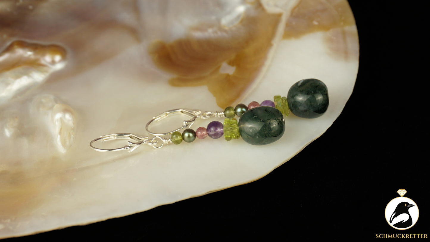 Ohrringe 'Moosmagie' aus 925 Silber - mit Moosachat, Peridot, Turmalin, Amethyst